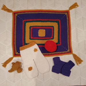 Handmade Crochet Baby Aladdin Inspired Outfit with Magic Carpet, Harem Pants, Vest, Hat and Genie Lamp