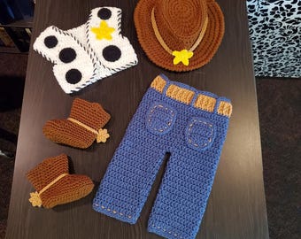 Handmade Crochet Woody Costume / Photo Prop Outfit with Jeans, Vest, Hat and Boots