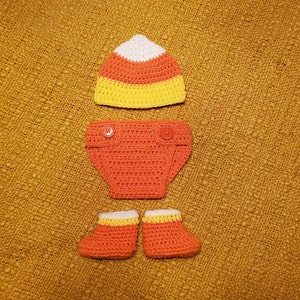 Handmade Crochet Candy Corn Hat, Booties & Diaper Cover Baby Set