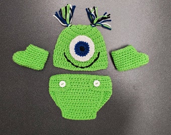 Handmade Crochet Little Monster Hat, Booties & Diaper Cover Baby Set