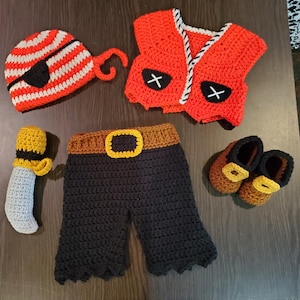 Handmade Crochet Pirate Baby Outfit with Hat, Pants, Vest, Boots and Sword