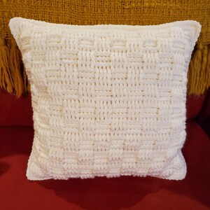 Handmade Crochet Fuzzy White Basketweave Square Throw Pillow