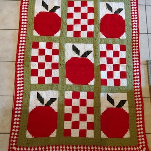 Handmade Crochet Apples & Checkers Throw Afghan Blanket