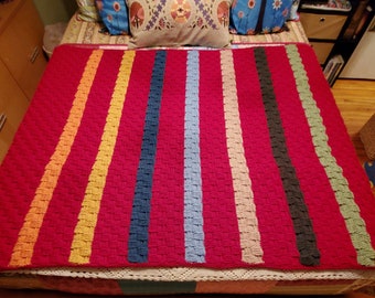 Handmade Crochet Rosy Red Striped Basketweave Throw Afghan Blanket