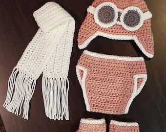 Handmade Crochet Aviator Pilot Baby Costume / Photo Prop Outfit with Hat, Booties, Scarf and Diaper Cover