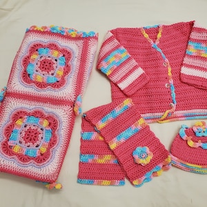 Handmade Crochet Fuchsia Pink Flower Power Baby Blanket, Jacket, Scarf and Hat