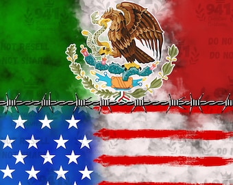 May include: A digital illustration of the Mexican flag with a barbed wire fence separating it from the American flag. The Mexican flag features a green, white, and red color scheme with a coat of arms depicting an eagle perched on a cactus with a snake in its beak. The American flag is red, white, and blue with 50 stars on a blue field. The image is a digital illustration and does not depict any real-world objects.