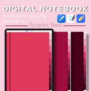 Puede incluir: Plantilla de cuaderno digital para las aplicaciones Goodnotes, Notability y Noteshelf. La plantilla es de color rojo escarlata con un título "NOTES" en la parte superior de la página. La plantilla incluye una paleta de colores con varios tonos de rojo.