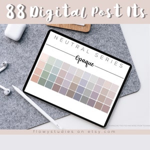 May include: A digital tablet displaying a color palette of 88 neutral shades in a grid format. The title reads "NEUTRAL SERIES - Opaque -" and the text "DOWNLOAD THIS PSD AND MORE FROM TECHANI" is at the bottom of the screen. The text "flowystudies on etsy.com" is also visible.