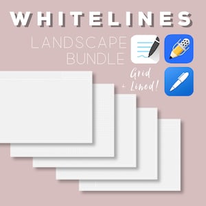 May include: A set of five white landscape-oriented grid and lined paper sheets. The sheets are stacked on top of each other. The text "WHITELINES LANDSCAPE BUNDLE Grid + Lined!" is at the top of the image.