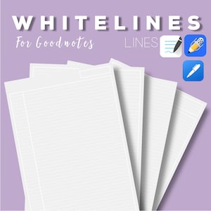 May include: Four white lined pages for Goodnotes app. The pages are stacked on top of each other and have a light purple background. The text "WHITELINES" and "LINES" are at the top of the image.