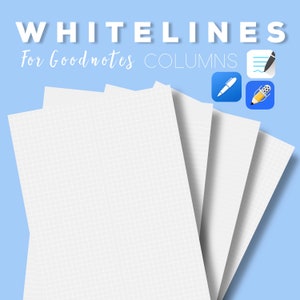 Puede incluir: Papel cuadriculado blanco para la aplicación Goodnotes, con las palabras "WHITELINES for Goodnotes COLUMNS" en la parte superior. El papel está sobre un fondo azul claro con iconos para un bolígrafo, un lápiz y una nota.