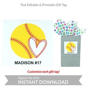 Softball Gift Tag, Text Editable, Customize Each Tag, Printable, Personalize, Instant Digital Download