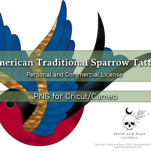 Sparrow Tattoo Stained Glass Pattern for Cricut/Cameo Use - Bird - Beginner - Commercial/Personal License - Download Only - .PNG, .PDF, .JPG