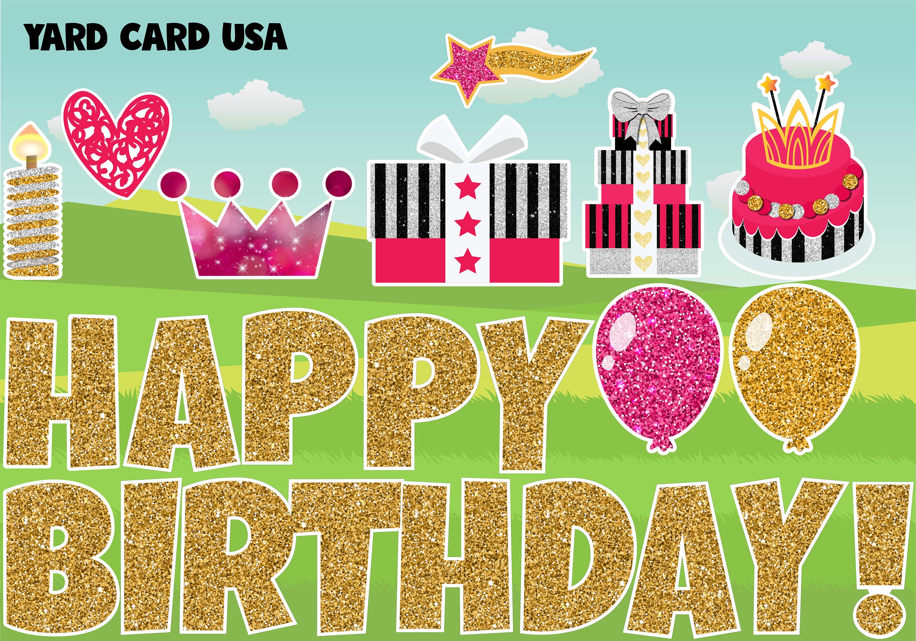 Chunky Glitter Gold Happy Birthday yard Card Set Yard Card al Etsy