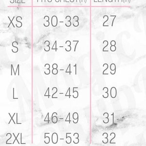 May include: Size chart showing chest and length measurements in inches for sizes XS to 2XL.