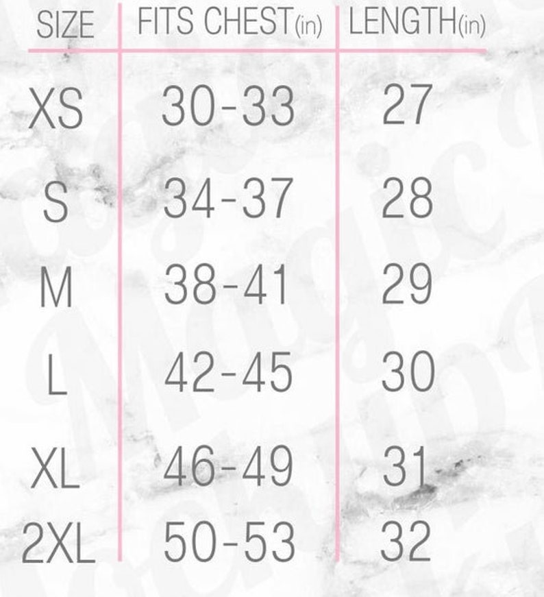May include: Size chart showing chest and length measurements in inches for sizes XS to 2XL.
