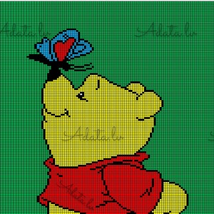 May include: A yellow cartoon bear with a red shirt is looking up at a blue butterfly with a red heart on its wings. The background is green.