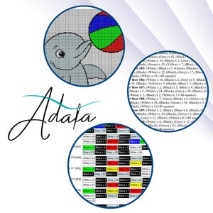 May include: A cross-stitch pattern featuring a cartoon dolphin holding a red, green, and blue beach ball. The pattern is labeled "Adata" and includes a color key with the following colors: white, black, grey, green, red, blue, and yellow.