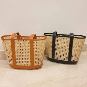 Handgefertigte Tasche aus Rattangeflecht und Leder Shopper aus Rattan Gurtbandtasche Rattantasche Bild 8