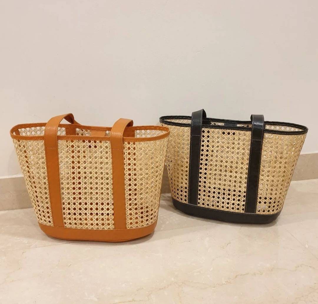 ★TOUT Y EST★ Rattan webbing tote bag LW225BG433 Handmade Cane Woven and Leather Tote - Rattan Shopper Bag