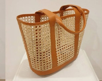 Handmade cane woven and Leather tote - rattan shopper bag - cane webbing bag- rattan tote bag- rattan leather bag