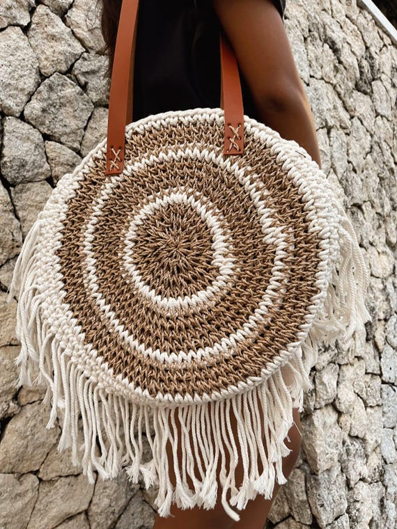Fringe Raffia Macrame Tote Round Crochet Knit Boho Shoulder Bag  Handmade Hippie Gift Purse