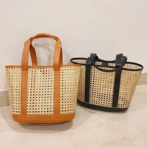 Handgefertigte Tasche aus Rattangeflecht und Leder Shopper aus Rattan Gurtbandtasche Rattantasche Bild 3