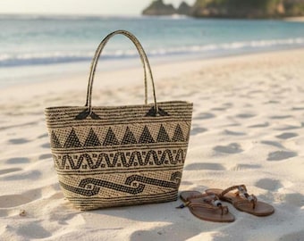 Vintage Handwoven Rattan Tote Bag | Large Boho Shoulder Bag
