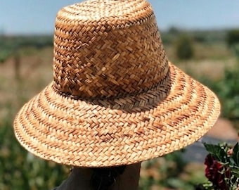 Stroh Vintage Klassischer Fischerhut | Zeitloser Boho Sonnenhut aus handgewebtem Seegras für Garten, Strand, Urlaub & Alltag
