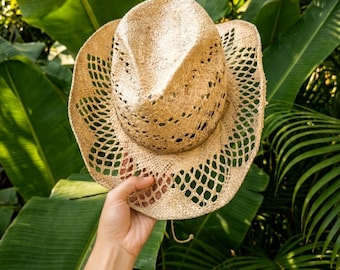 Women’s Raffia Cowboy Hat | Bohemian Western Straw Hat | Beach, Rodeo & Bachelorette Style