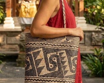 Straw Woven Rattan Flat Tote | Borneo Dayak Animal Plant Geometric Symbol bag | Indigenous Cultural Motif bag| Ethnic Boho Purse Kalimantan