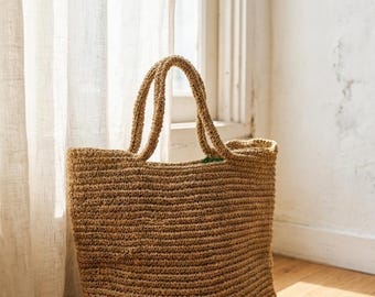 Square Raffia Tote Bag | Large Handwoven Boho Shoulder Bag | Natural Woven Beach Tote | Coastal Summer Everyday Bag
