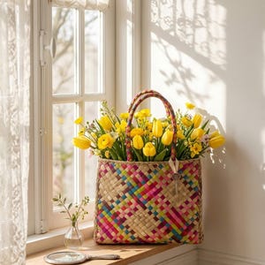 May include: A woven basket filled with bright yellow tulips and other flowers. The basket has a colorful, geometric pattern and a key charm. It sits on a wooden windowsill next to a small vase and a hand mirror.