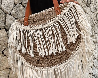 Fringe Raffia Macrame Tote | Round Crochet Knit Boho Shoulder Bag | Handmade Hippie Gift Purse