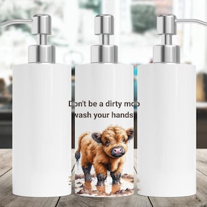 Funny highland cow soap dispenser bundle, Sublimation designs liquid soap pump, Country kitchen sink decor, Bathroom accessories png file