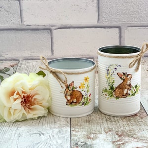 Rabbit kitchenware, Upcycle tin cans, Mini bucket, Easter decorations, Easter gifts for adults, Decoupage tin, Bunny gifts for women,