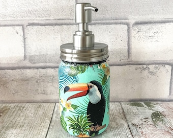 Tropical soap dispenser, Hand soap dispenser, Glass soap dispenser with pump, Liquid soap dispenser, Toucan bird, Green soap bottle, Gift