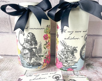 Alice in wonderland jar, Alice in wonderland vase, Alice in wonderland gifts, Alice in wonderland decor, White rabbit, Square vase, Homeware