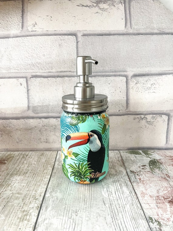 Tropical soap dispenser, Hand soap dispenser, Glass soap dispenser with pump, Liquid soap dispenser, Toucan bird, Green soap bottle, Gift