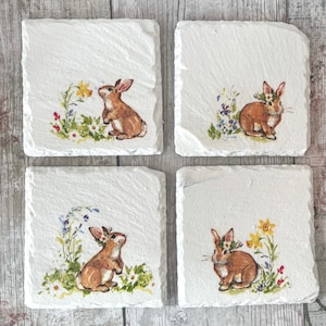 Bunny coasters, Rabbit gifts, White coasters, Animal coasters, Square coasters, Set of coasters, Painted coasters, Tea coaster, Mug coaster