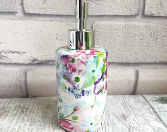 Floral soap dispenser, Pretty ceramic soap dispenser pump, Kitchen hand soap dispenser, Bathroom accessories, Liquid soap dispenser, Gift UK