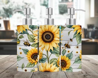 Zonnebloem zeepdispenser wrap sublimatie digitale download Bijen badkamerdecoratie keuken wastafel accessoires handzeepfles 300dpi Zomer design