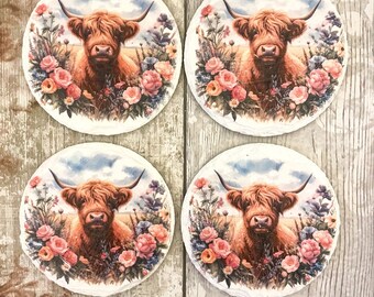 Highland Kuh Untersetzer, Floral Untersetzer, Bauernhaus Untersetzer, Kuh Liebhaber Geschenk, Landhaus Wohnkultur, Tier Untersetzer, hübsche Untersetzer, Schiefer