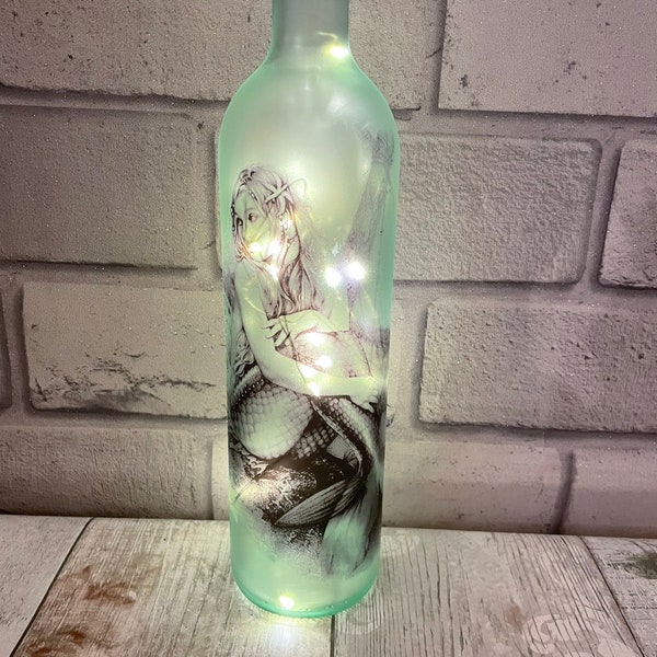 Mermaid light up bottle, Beach home decor, Ocean Lamp, Birthday gift for woman, Bombay Sapphire Lamp, LED bottles, Upcycle bottle art UK