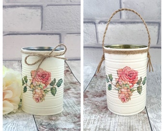 Floral tin can, Rose home decor, Gifts for her, Decoupage tin cans, Shabby chic tin, Recycled tin can, Decorative tins, Storage pots UK, Tin