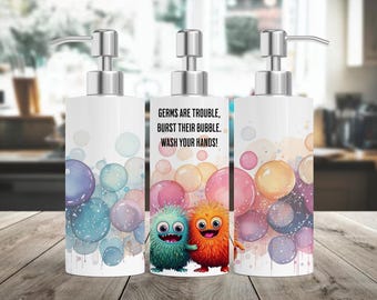 Dispensador de jabón con diseño de gérmenes (PNG), Botella de jabón de manos para sublimación infantil, Jabón de manos para baño infantil, Descarga digital con cita divertida sobre gérmenes, Baño