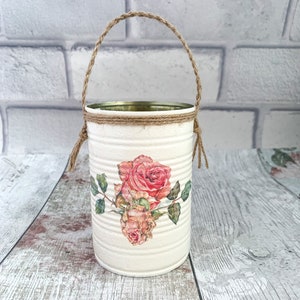 Tin cans decorated, Floral bucket, Rose home decor, Painted tin planters, Shabby chic home decor gifts, Recycled tin cans, Upcycled tin