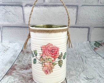 Tin cans decorated, Floral bucket, Rose home decor, Painted tin planters, Shabby chic home decor gifts, Recycled tin cans, Upcycled tin