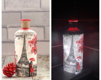 Painted bottle with lights, Paris Lamp, Eiffel Tower light, French inspired gifts, Gin bottle lamp, Decorated bottles, Decorative table lamp